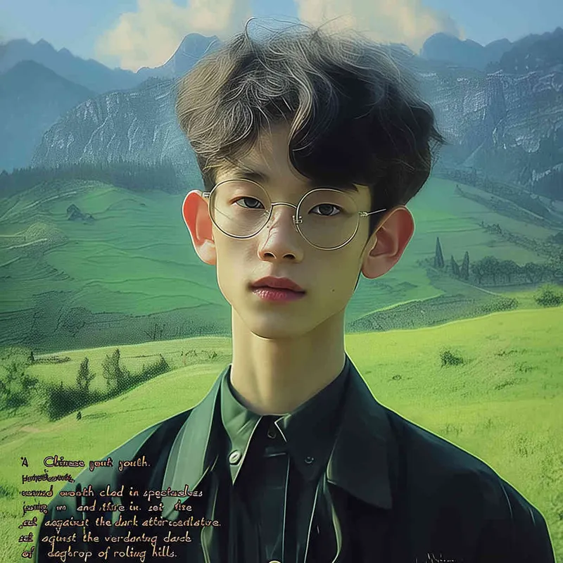 A Chinese boy wearing glasses and black clothes, with a green mountain background - style2部分