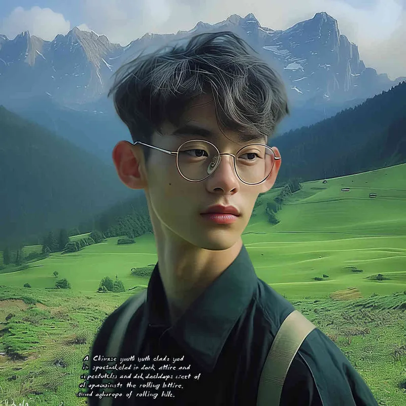 A Chinese boy wearing glasses and black clothes, with a green mountain background - style3部分
