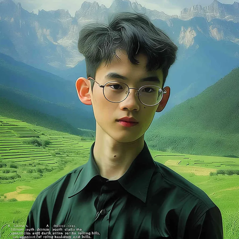 A Chinese boy wearing glasses and black clothes, with a green mountain background - style4部分