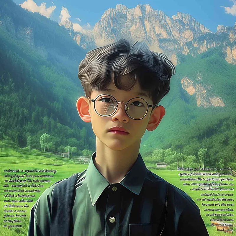 A Chinese boy wearing glasses and black clothes, with a green mountain background, The boy is at the bottom of the screen, only accounting for one-third of the screen - style1部分