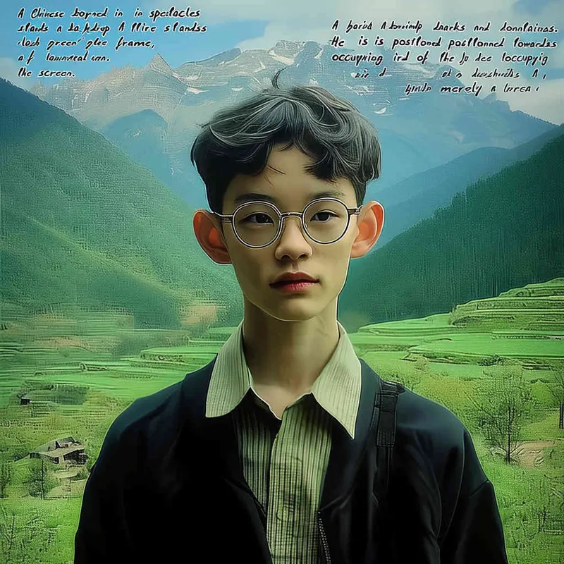 A Chinese boy wearing glasses and black clothes, with a green mountain background, The boy is at the bottom of the screen, only accounting for one-third of the screen - style2部分