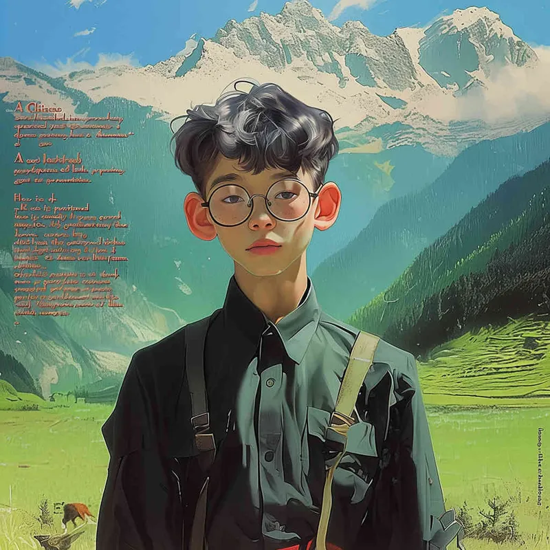 A Chinese boy wearing glasses and black clothes, with a green mountain background, The boy is at the bottom of the screen, only accounting for one-third of the screen - style1部分