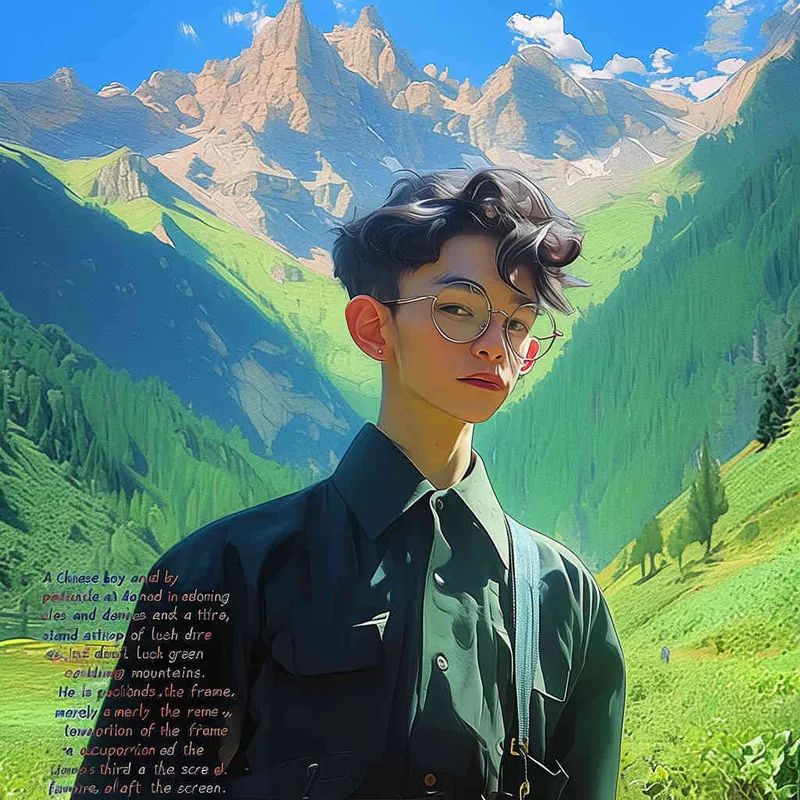 A Chinese boy wearing glasses and black clothes, with a green mountain background, The boy is at the bottom of the screen, only accounting for one-third of the screen - style2部分