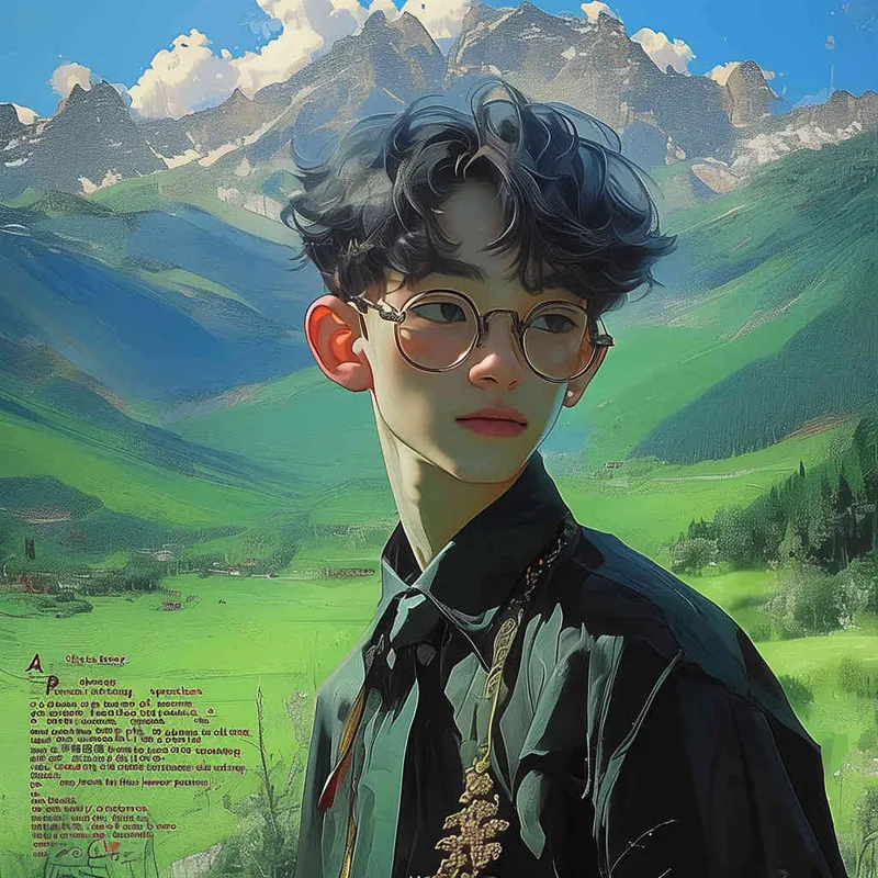 A Chinese boy wearing glasses and black clothes, with a green mountain background, The boy is at the bottom of the screen, only accounting for one-third of the screen - style3部分