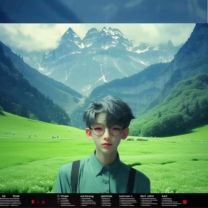 A Chinese boy wearing glasses and black clothes, with a green mountain background, The boy is at the bottom of the screen, only accounting for one-third of the screen - style1部分