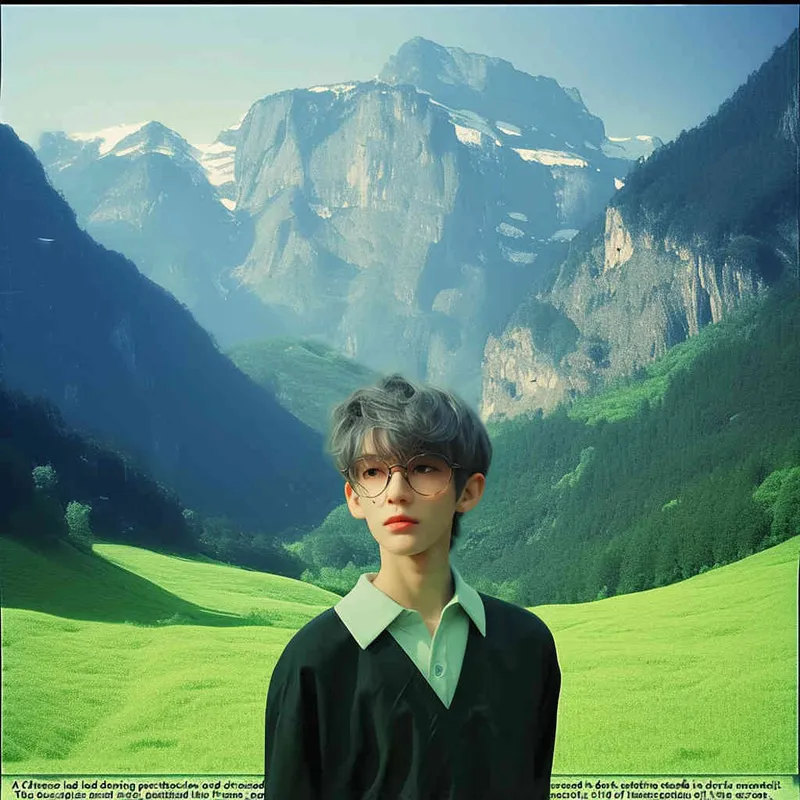 A Chinese boy wearing glasses and black clothes, with a green mountain background, The boy is at the bottom of the screen, only accounting for one-third of the screen - style3部分