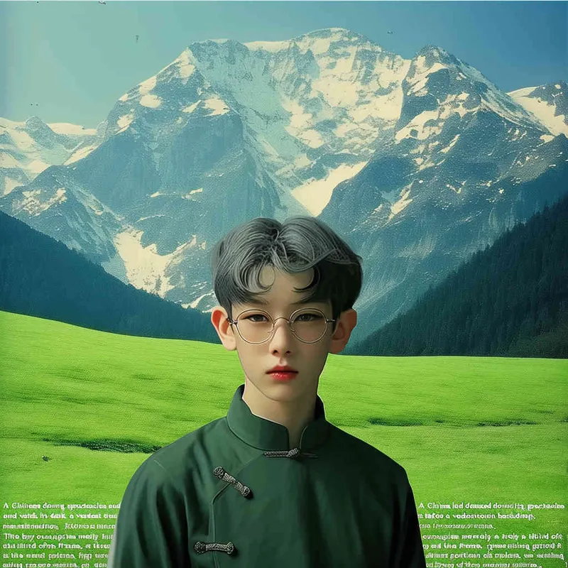 A Chinese boy wearing glasses and black clothes, with a green mountain background, The boy is at the bottom of the screen, only accounting for one-third of the screen - style4部分