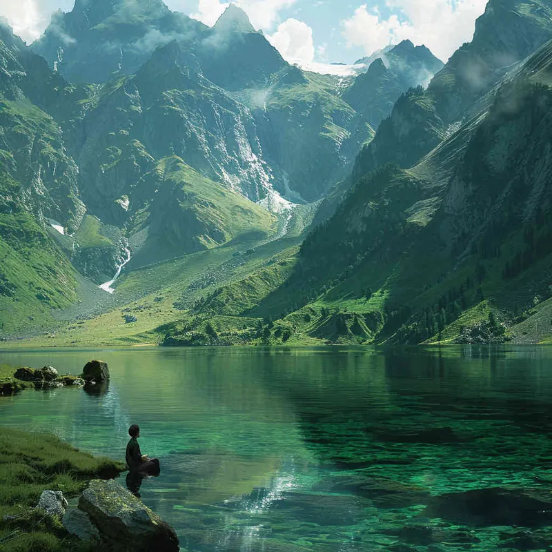 A landscape photo of green mountains and clear waters，a boy is at the bottom of the screen, only accounting for one-six of the screen, - style1部分