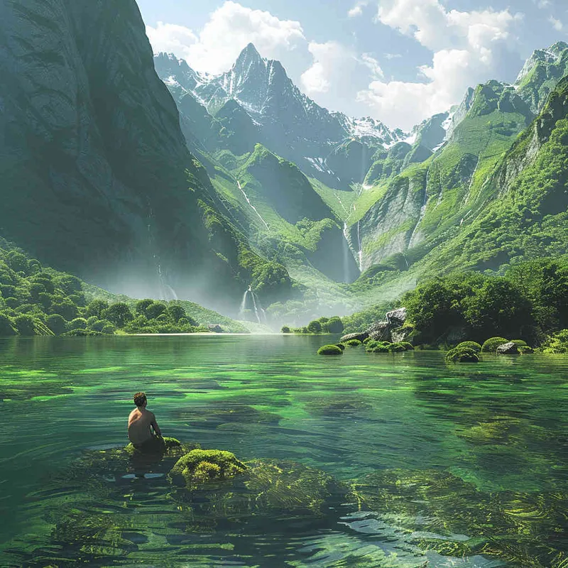 A landscape photo of green mountains and clear waters，a boy is at the bottom of the screen, only accounting for one-six of the screen, - style2部分
