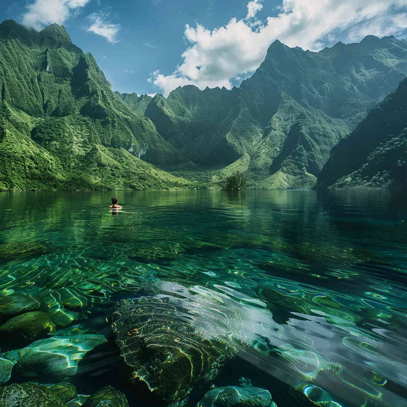 A landscape photo of green mountains and clear waters，a boy is at the bottom of the screen, only accounting for one-six of the screen, - style3部分