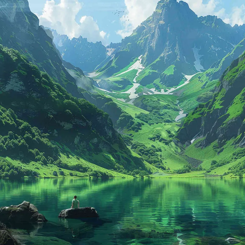 A landscape photo of green mountains and clear waters，a boy is at the bottom of the screen, only accounting for one-six of the screen, - style4部分