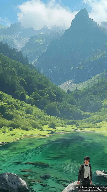A landscape photo of green mountains and clear waters，a Chinese boy is at the bottom of the screen, only accounting for one-six of the screen, - style1部分