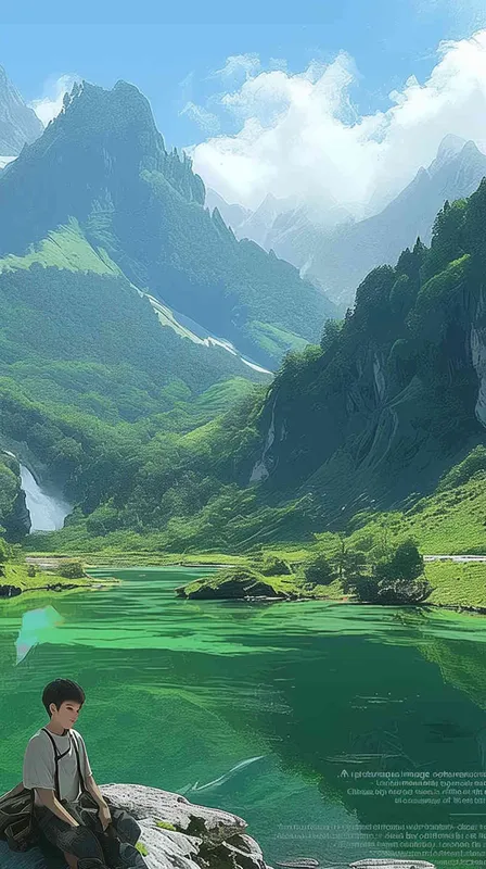 A landscape photo of green mountains and clear waters，a Chinese boy is at the bottom of the screen, only accounting for one-six of the screen, - style2部分