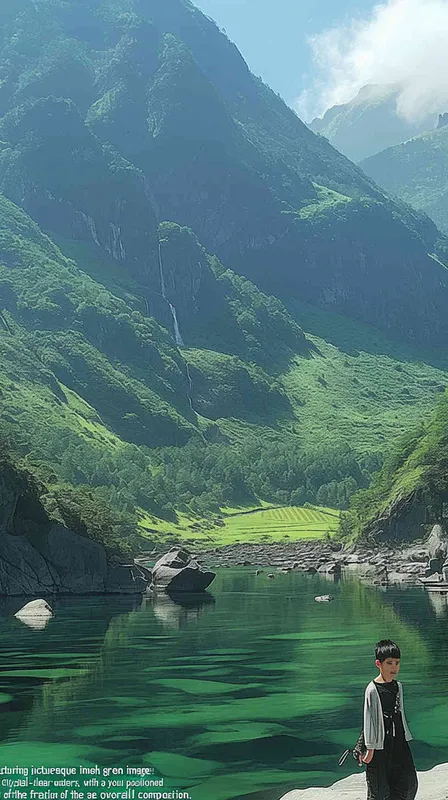 A landscape photo of green mountains and clear waters，a Chinese boy is at the bottom of the screen, only accounting for one-six of the screen, - style3部分