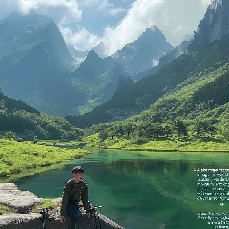 A landscape photo of green mountains and clear waters，a Chinese boy is at the bottom of the screen, only accounting for one-five of the screen, - style1部分