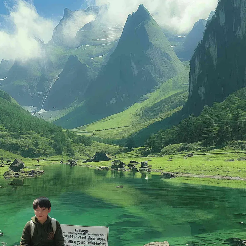 A landscape photo of green mountains and clear waters，a Chinese boy is at the bottom of the screen, only accounting for one-five of the screen, - style2部分