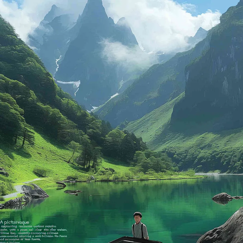 A landscape photo of green mountains and clear waters，a Chinese boy is at the bottom of the screen, only accounting for one-five of the screen, - style3部分