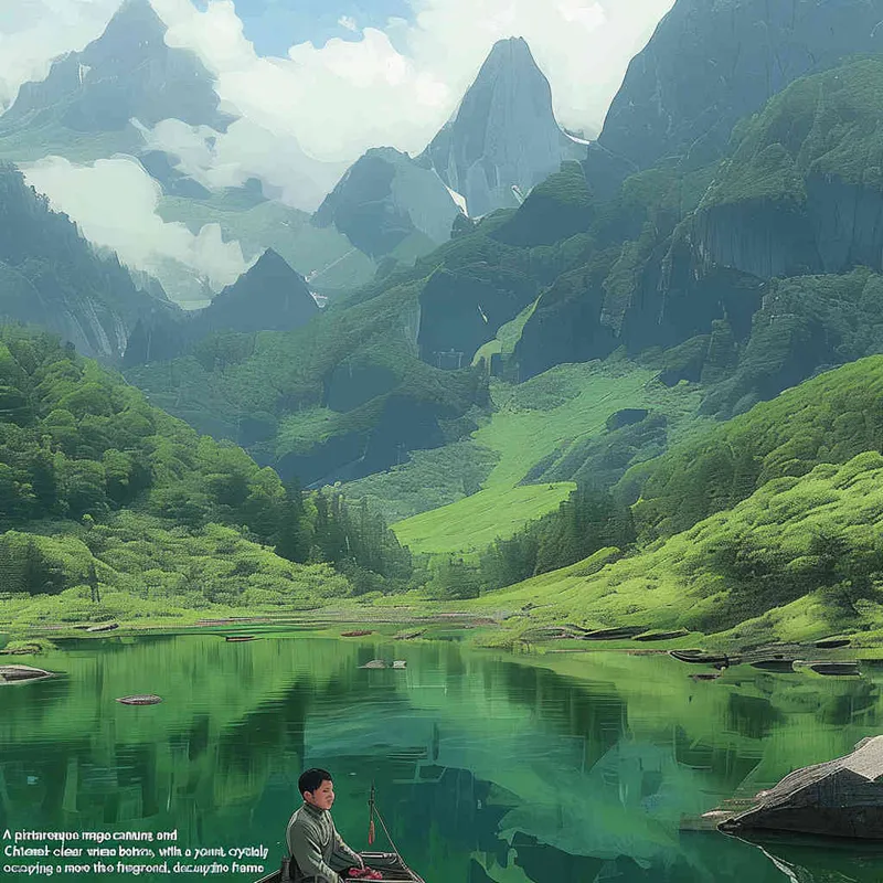 A landscape photo of green mountains and clear waters，a Chinese boy is at the bottom of the screen, only accounting for one-five of the screen, - style4部分