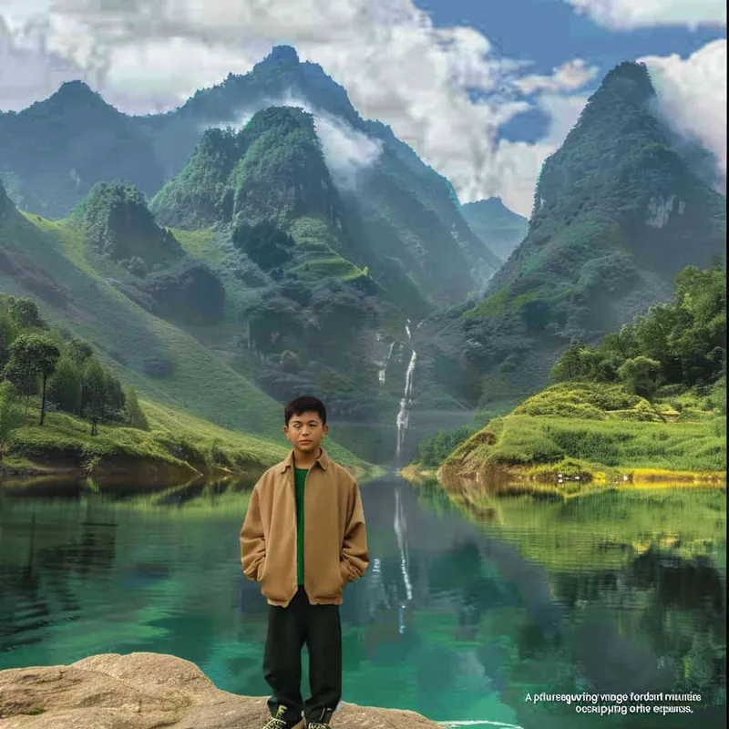 A landscape photo of green mountains and clear waters，a Chinese boy is at the bottom of the screen, only accounting for one-five of the screen - style1部分
