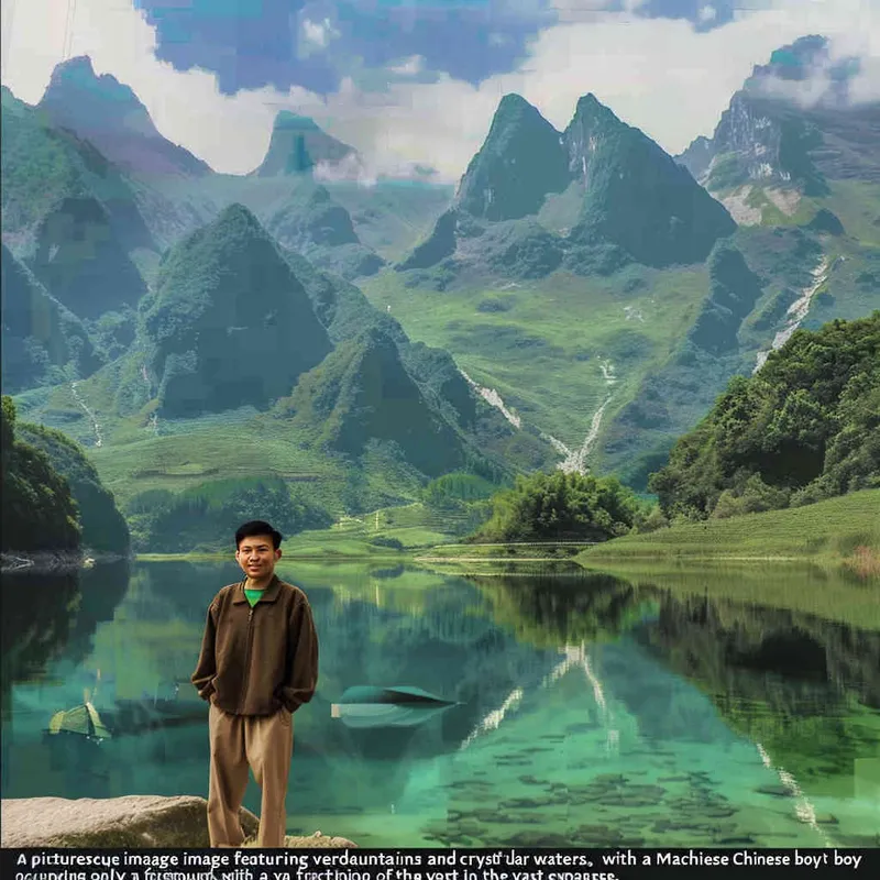 A landscape photo of green mountains and clear waters，a Chinese boy is at the bottom of the screen, only accounting for one-five of the screen - style2部分