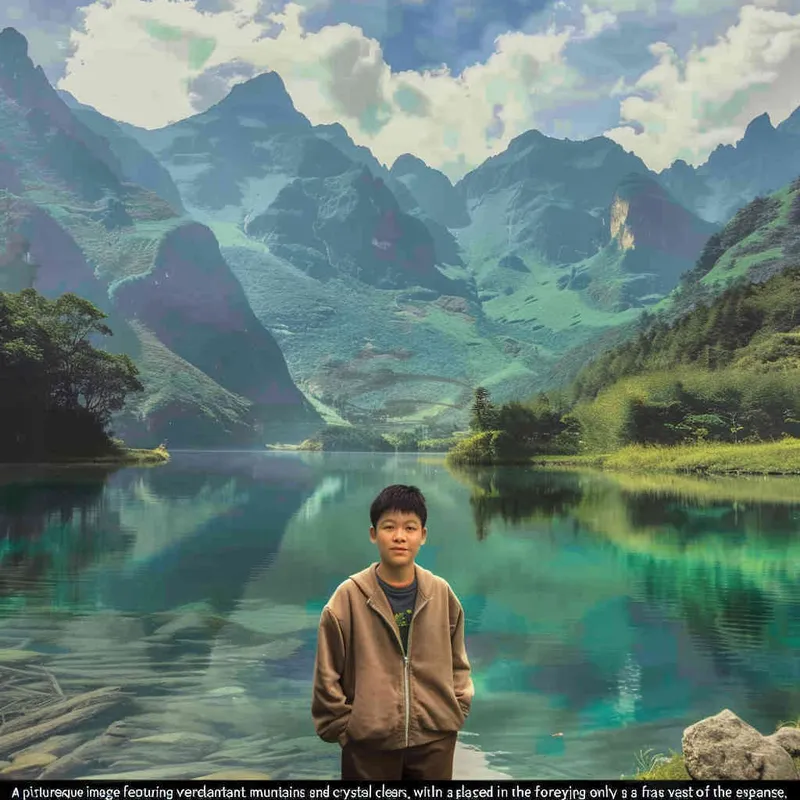A landscape photo of green mountains and clear waters，a Chinese boy is at the bottom of the screen, only accounting for one-five of the screen - style3部分