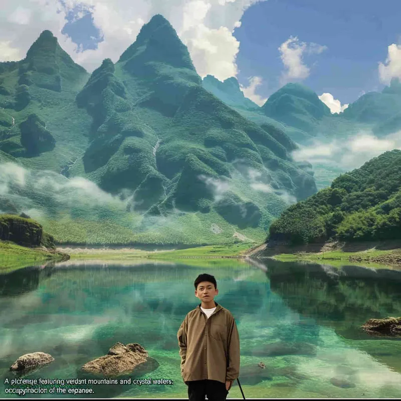 A landscape photo of green mountains and clear waters，a Chinese boy is at the bottom of the screen, only accounting for one-five of the screen - style4部分