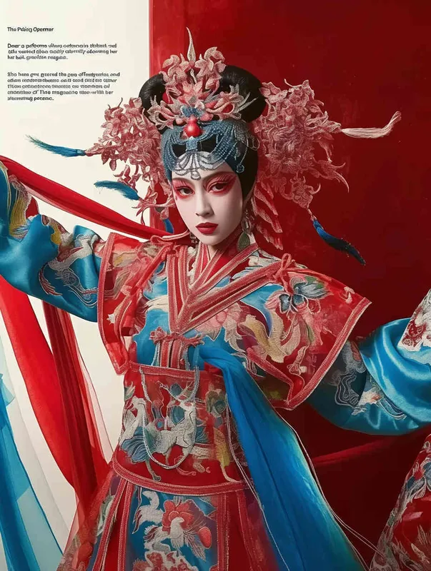 Peking Opera Knife and Horse Dan, red and blue costumes, Insert a flag on her back,  fashion magazines, Time magazine, studio photos, special effects for big movies, real lighting, face lights, surprising details, portrait closeups, cinematic feel, ultimate closeups, rich lighting details, creative associations，white background - style1部分