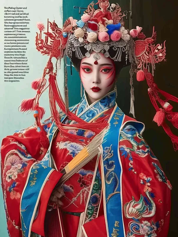 Peking Opera Knife and Horse Dan, red and blue costumes, Insert a flag on her back,  fashion magazines, Time magazine, studio photos, special effects for big movies, real lighting, face lights, surprising details, portrait closeups, cinematic feel, ultimate closeups, rich lighting details, creative associations，white background - style2部分