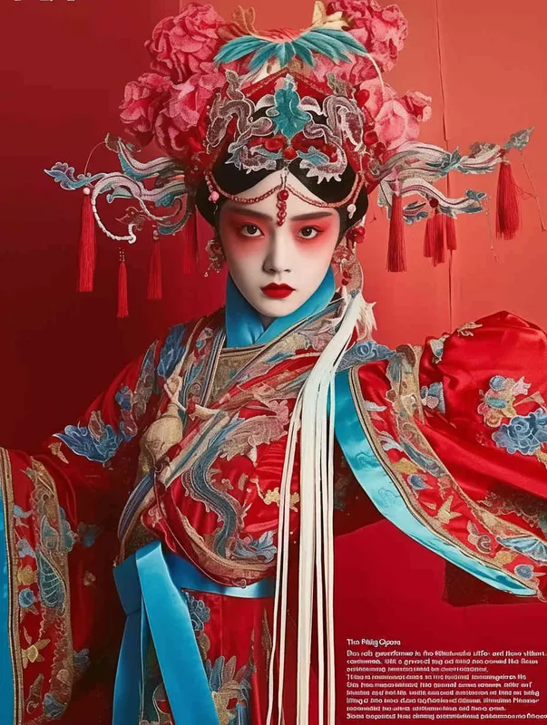 Peking Opera Knife and Horse Dan, red and blue costumes, Insert a flag on her back,  fashion magazines, Time magazine, studio photos, special effects for big movies, real lighting, face lights, surprising details, portrait closeups, cinematic feel, ultimate closeups, rich lighting details, creative associations，white background - style3部分