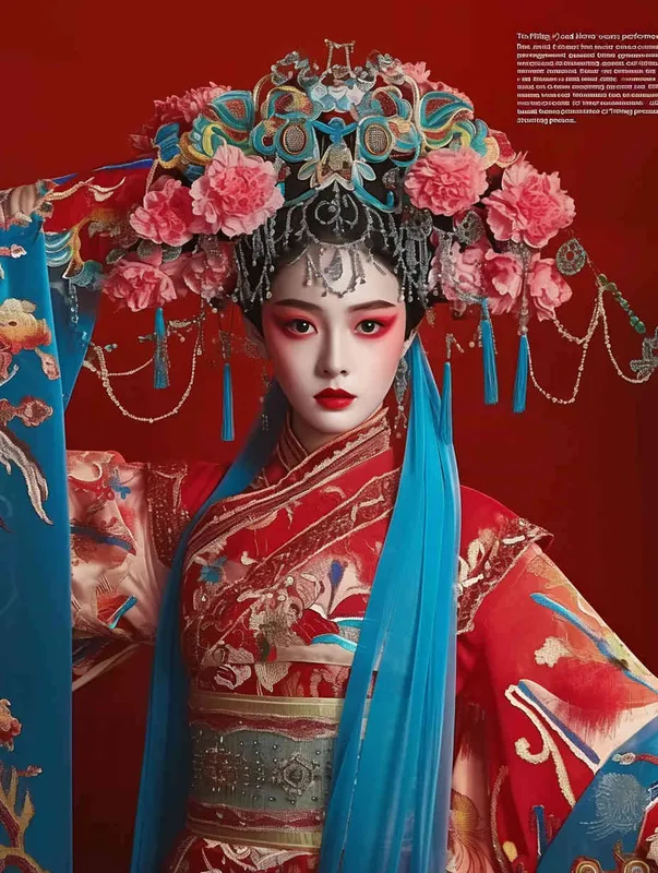 Peking Opera Knife and Horse Dan, red and blue costumes, Insert a flag on her back,  fashion magazines, Time magazine, studio photos, special effects for big movies, real lighting, face lights, surprising details, portrait closeups, cinematic feel, ultimate closeups, rich lighting details, creative associations，white background - style4部分