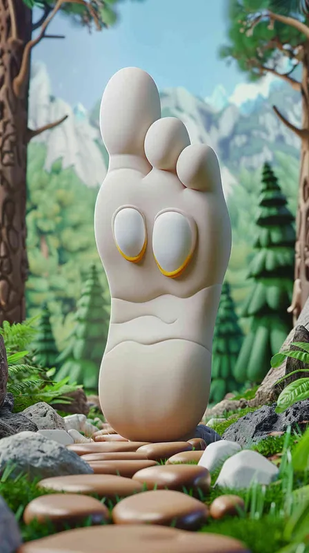 We are designing a 3D IP image for the odor resistant insole brand Jiaowuzhou, which is positioned as a healthy and foot friendly insole brand. We would like to ask you to design the IP image for it. The IP image is an upright foot, and there is a 2D cartoon image of it on the internet. We want to make it a 3D cartoon image IP, which can refer to the design style of Bubble Mart. The round foot is on top of it, with big eyes, nose, and mouth painted on the foot. At the same time, we want to see the combination of this IP image in various scenarios, which is to integrate the IP image of the foot five boats into the following scene: 1. On the mountain climbing road. On the school basketball court. On a long and arduous road. 4. On the high-speed rail. Please generate a series of graphs to display this IP and combine them with the scene. All IPs in the diagram should maintain a consistent image. High definition photographic images with a plethora of details, masterpieces - style4部分
