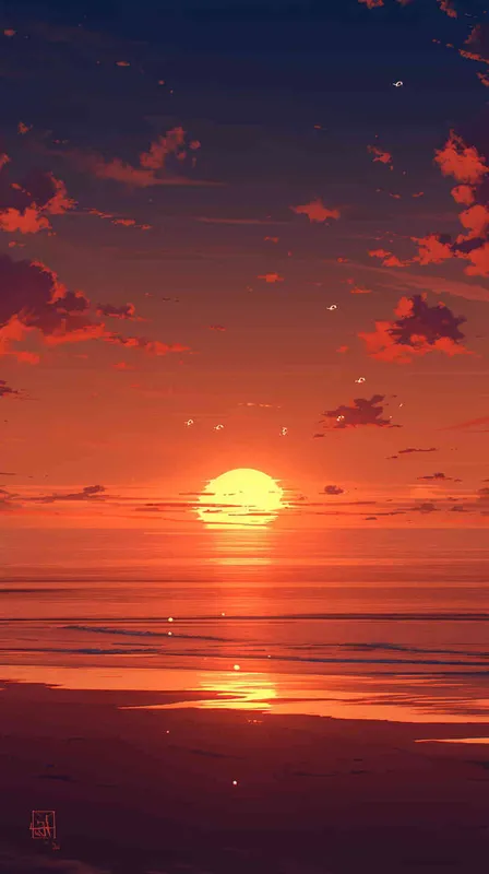 一个夕阳远景，一条湖水上面有几块小隔壁沙滩，空中飞着几个小鸟，平面插图，简单的着色 - style1部分