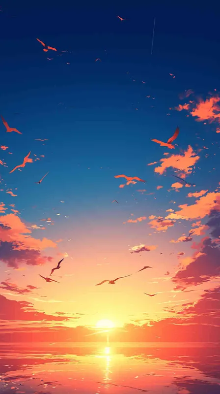 一个夕阳远景，一条湖水上面有几块小隔壁沙滩，空中飞着几个小鸟，平面插图，简单的着色 - style2部分