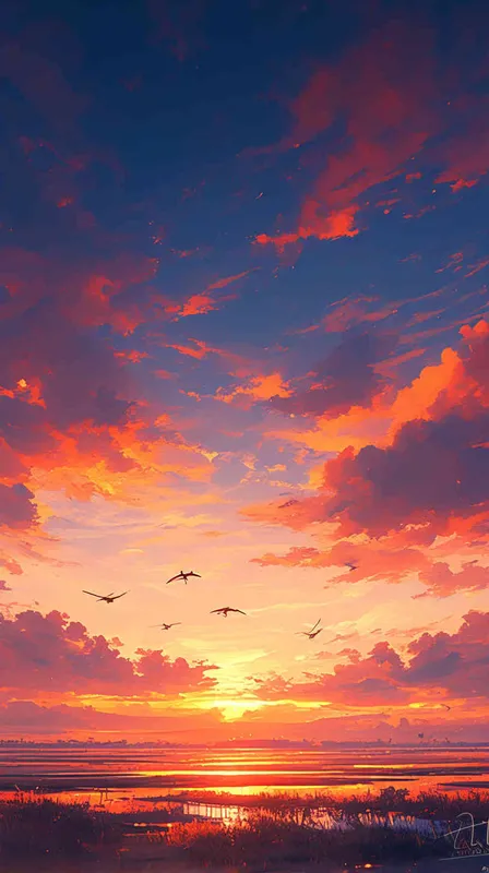 一个夕阳远景，一条湖水上面有几块小隔壁沙滩，空中飞着几个小鸟，平面插图，简单的着色 - style3部分