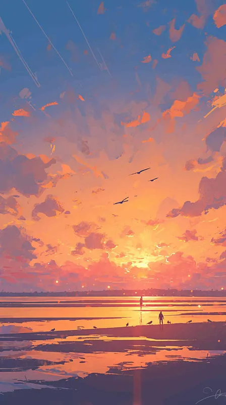 一个夕阳远景，一条湖水上面有几块小隔壁沙滩，空中飞着几个小鸟，平面插图，简单的着色 - style4部分