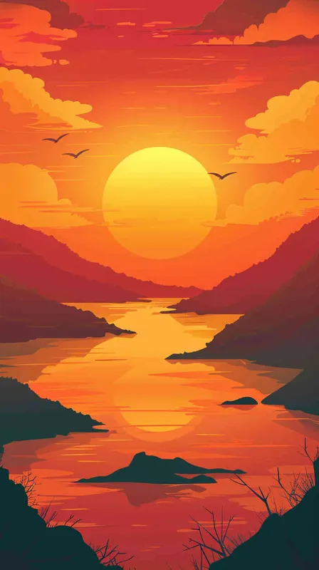 一个夕阳远景，一条湖中间有几块小隔壁沙滩，空中飞着几个小鸟，动画剧照为特色。插画平面插图，简单的着色 - style1部分