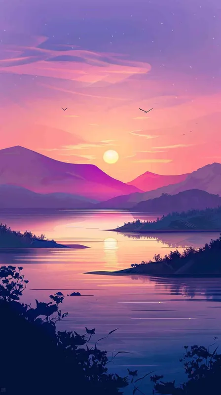 一个夕阳远景，一条湖中间有几块小隔壁沙滩，空中飞着几个小鸟，动画剧照为特色。插画平面插图，简单的着色 - style2部分