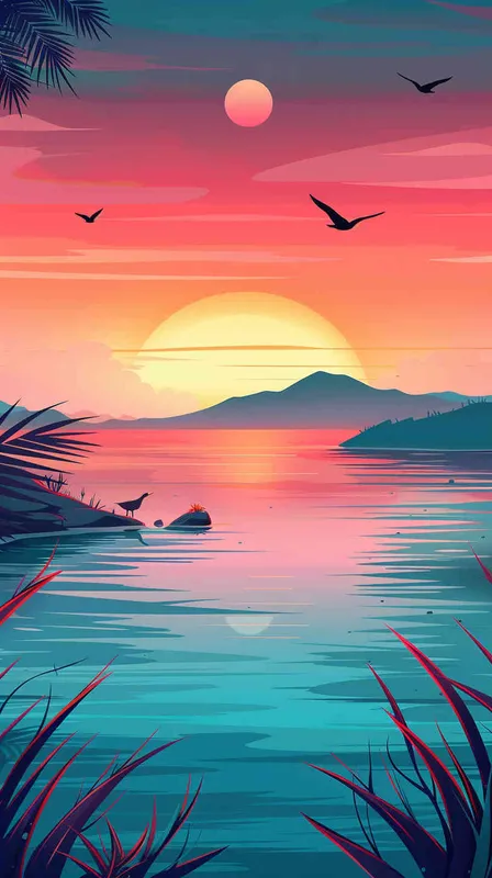 一个夕阳远景，一条湖中间有几块小隔壁沙滩，空中飞着几个小鸟，动画剧照为特色。插画平面插图，简单的着色 - style3部分