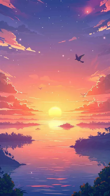 一个夕阳远景，一条湖中间有几块小隔壁沙滩，空中飞着几个小鸟，动画剧照为特色。插画平面插图，简单的着色 - style4部分
