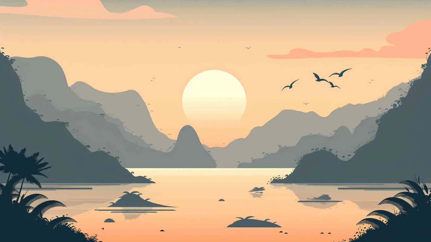 一个夕阳远景,一条湖中央有4个小沙滩,空中飞着几个小鸟,动画剧照为特色。插画平面插图,简单的着色,浅色背景 - AI绘画作品展示 | Midjourney中文版生成