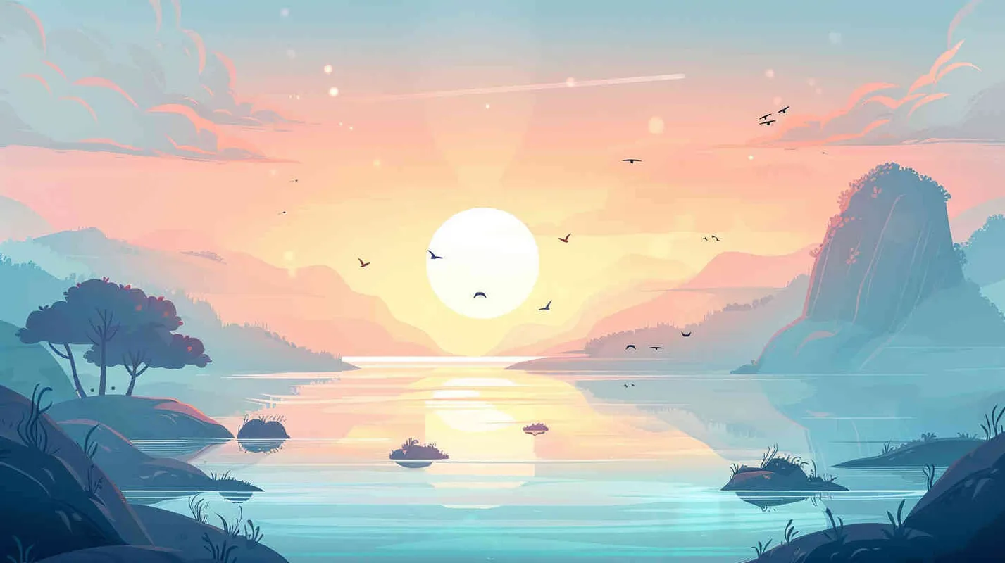 一个夕阳远景,一条湖中央有4个小沙滩,空中飞着几个小鸟,动画剧照为特色。插画平面插图,简单的着色,浅色背景 - AI绘画作品展示 | Midjourney中文版生成