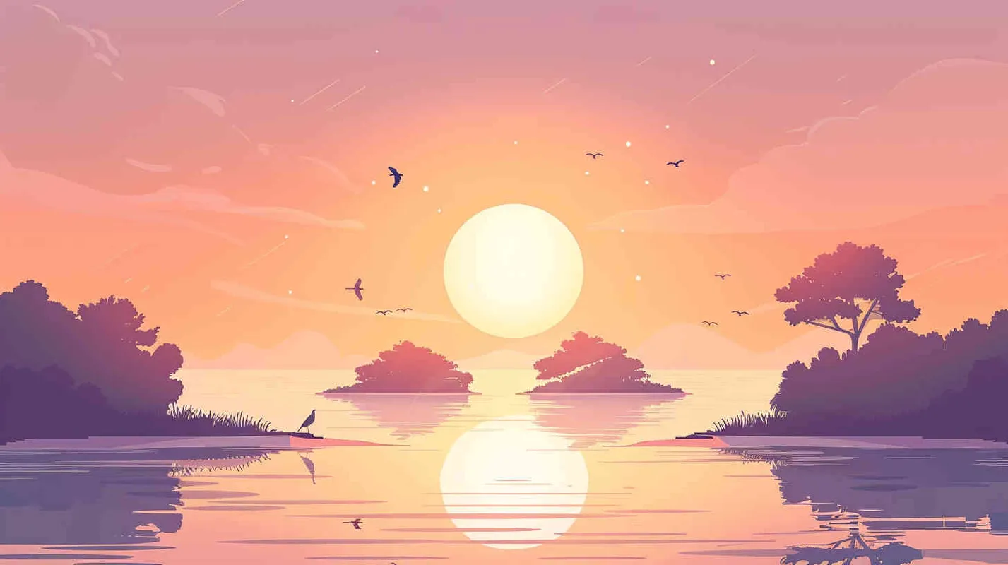 一个夕阳远景,一条湖中央有4个小沙滩,空中飞着几个小鸟,动画剧照为特色。插画平面插图,简单的着色,浅色背景 - AI绘画作品展示 | Midjourney中文版生成