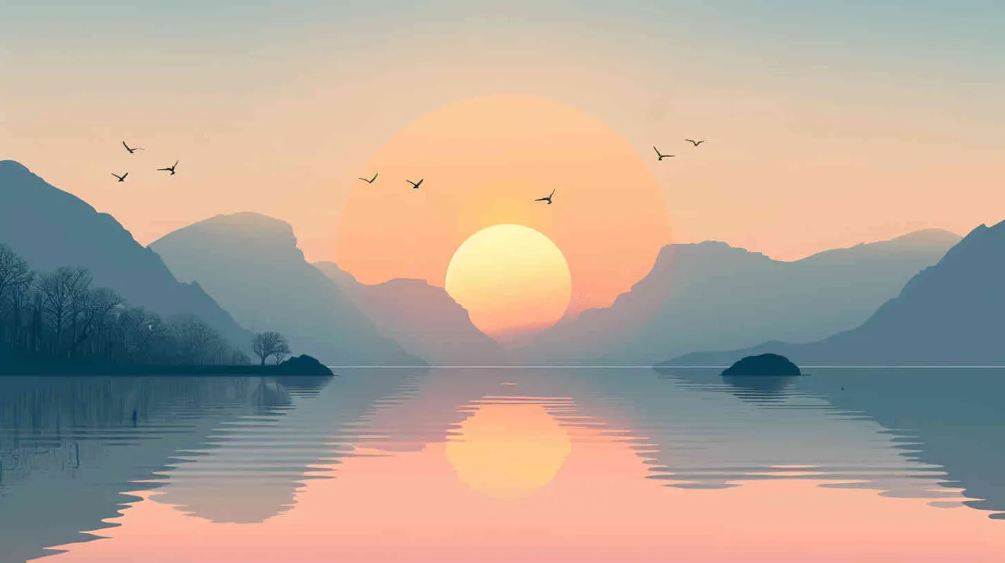 一个夕阳远景,一条湖中央有4个小沙滩,空中飞着几个小鸟,动画剧照为特色。插画平面插图,简单的着色,浅色背景 - AI绘画作品展示 | Midjourney中文版生成