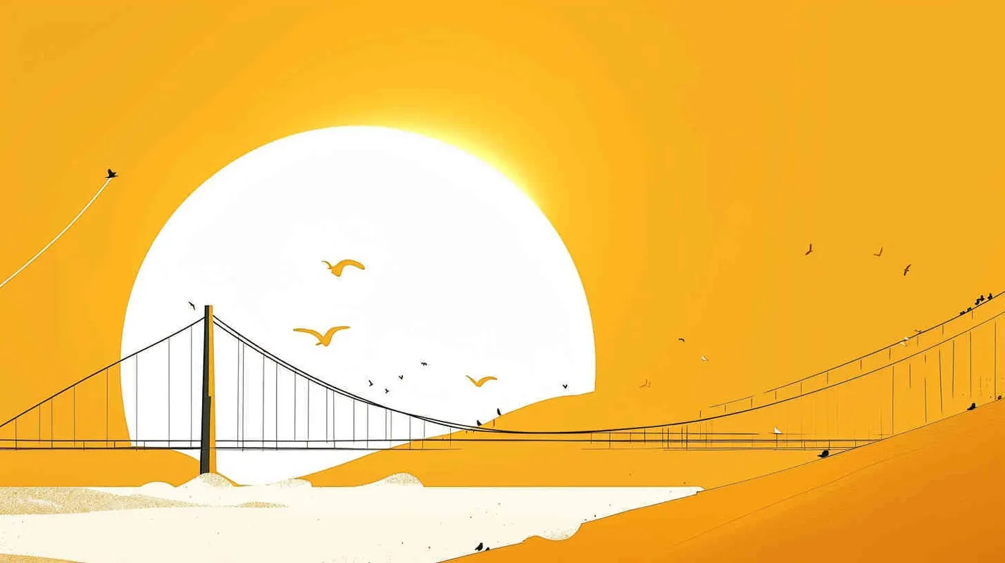 高角度透视  线条为插图 平面插图，简单的着色，背后一个白色圆亮，黄色天空，空中悬挂着一座横向的独木桥，天空中几只小鸟， 插画采用简单的线条 - style1部分