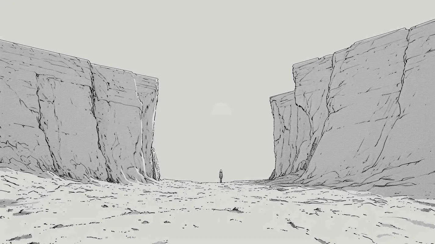 高角度透视 线条为插图 平面插图，简单的着色，灰色背景，只有一个从中间断成两半的悬崖， 插画采用简单的线条 - style4部分