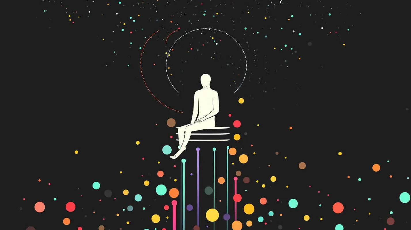 只一个很高的圆凳子，四周散发满满的彩色光芒，线条为插图 平面插图，简单的着色，黑色背景，， 插画采用简单的线条 - style1部分