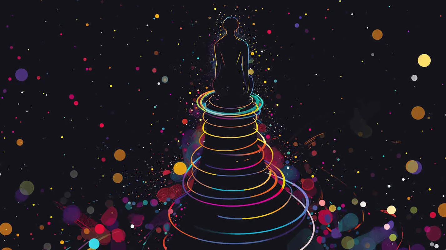 只一个很高的圆凳子，四周散发满满的彩色光芒，线条为插图 平面插图，简单的着色，黑色背景，， 插画采用简单的线条 - style4部分