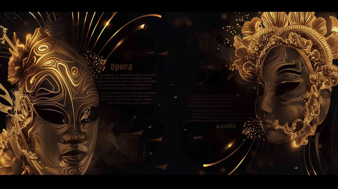Black background, two golden  Peking Opera mask on the left and right sides, outlined by gold foil lines, cyberpunk, - style1部分