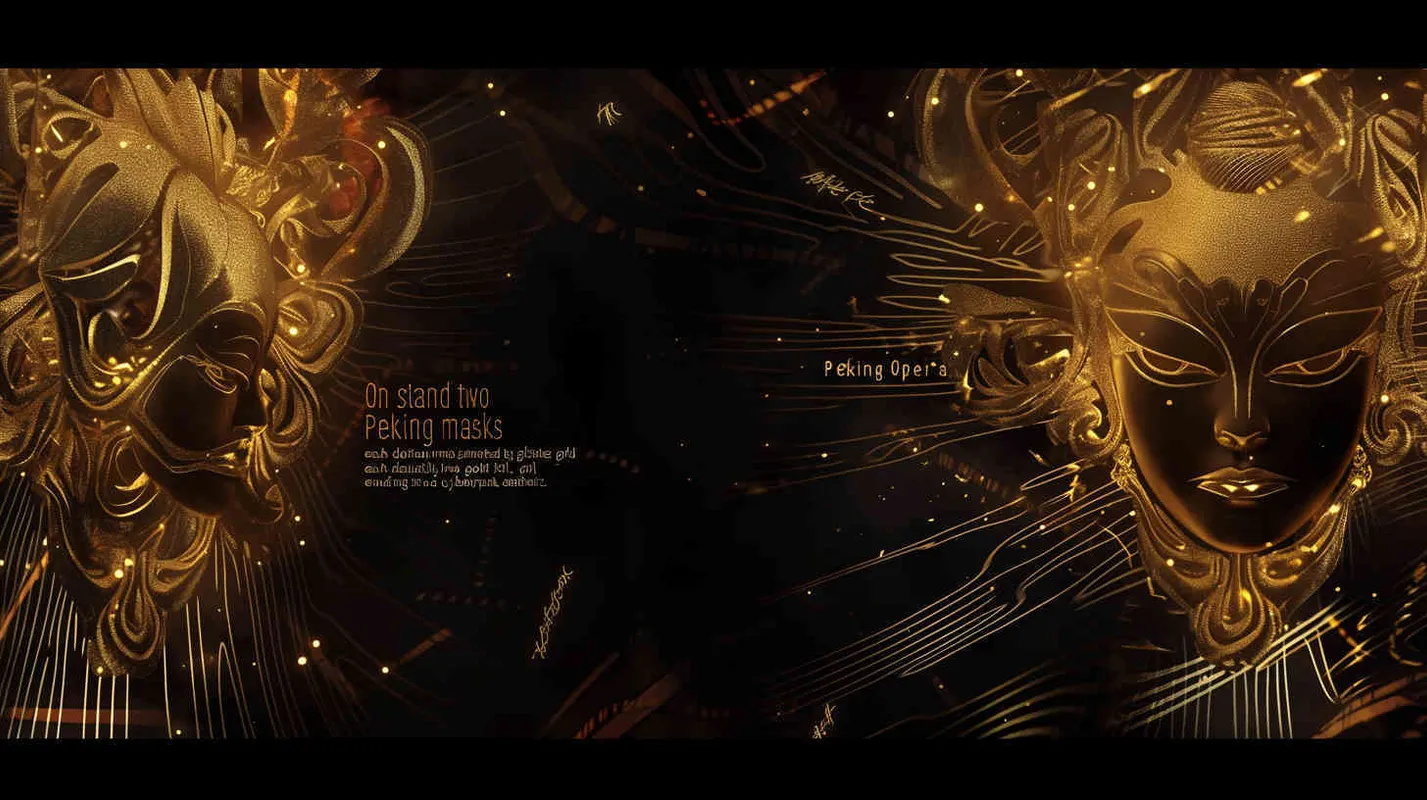 Black background, two golden  Peking Opera mask on the left and right sides, outlined by gold foil lines, cyberpunk, - style2部分