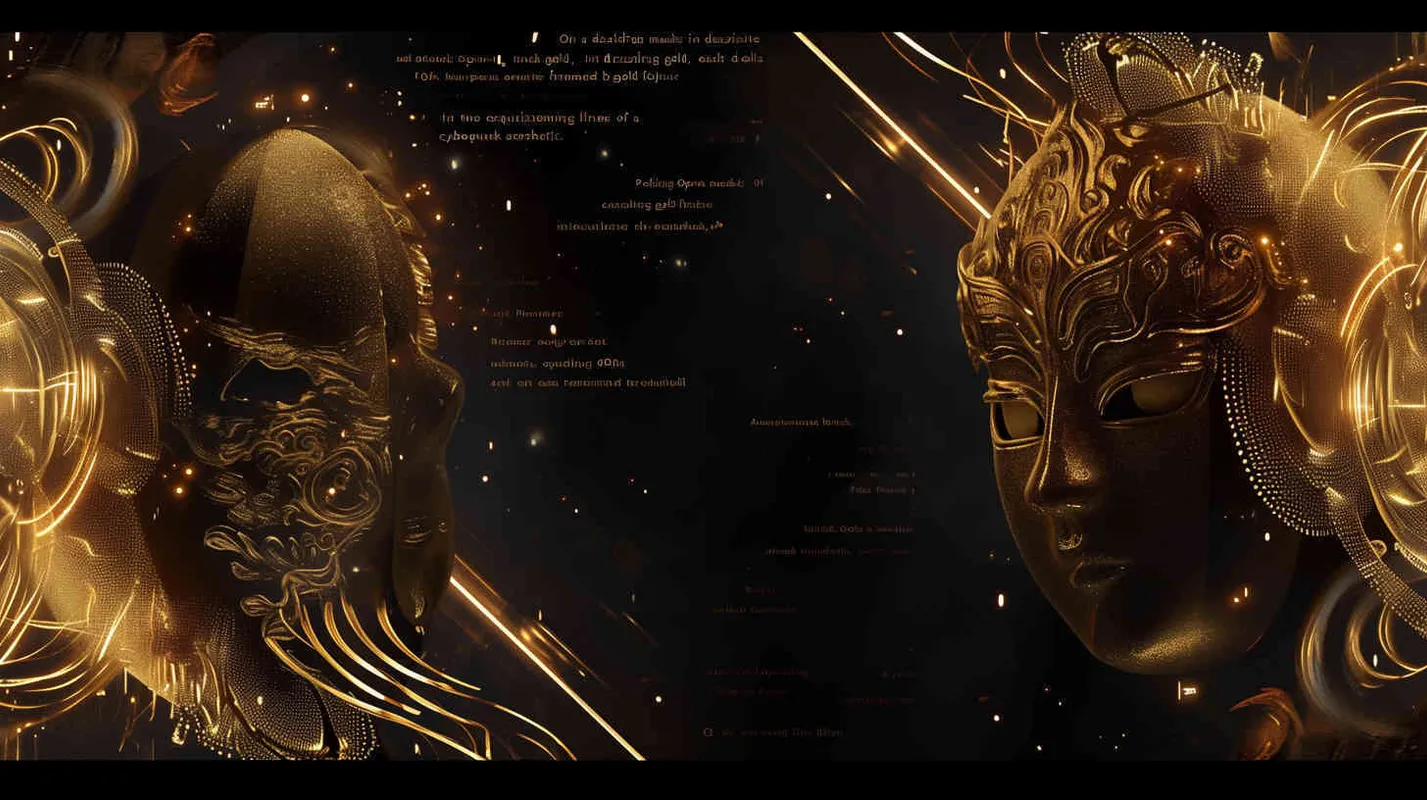 Black background, two golden  Peking Opera mask on the left and right sides, outlined by gold foil lines, cyberpunk, - style3部分
